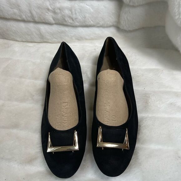 Aerosoles leather suede black slip on flats with gold tone buckle round toe SZ11 - Picture 1 of 10